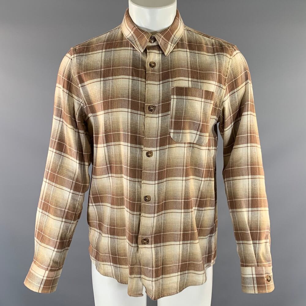 APC Size M Brown Beige Plaid Cotton Linen Button Up Long Sleeve Shirt